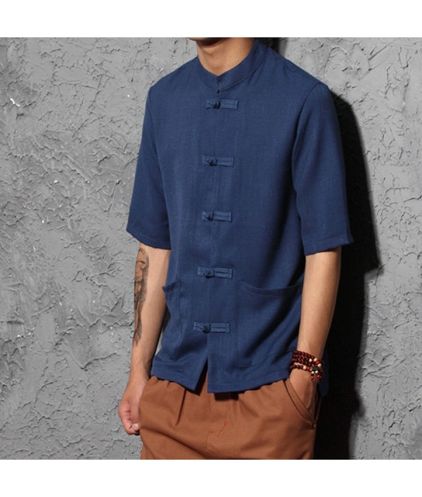 Cotton Linen Men Short Sleeve Dress Shirts Chinese Style Clothes