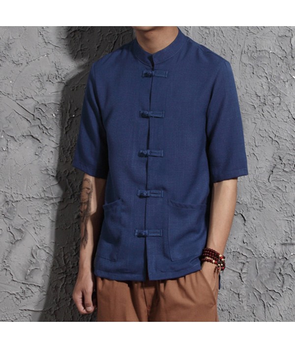 Cotton Linen Men Short Sleeve Dress Shir...