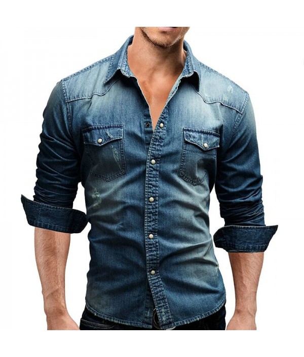 Male Long Sleeve Shirts Casual Solid Color Denim Slim Fit Dress Shirts