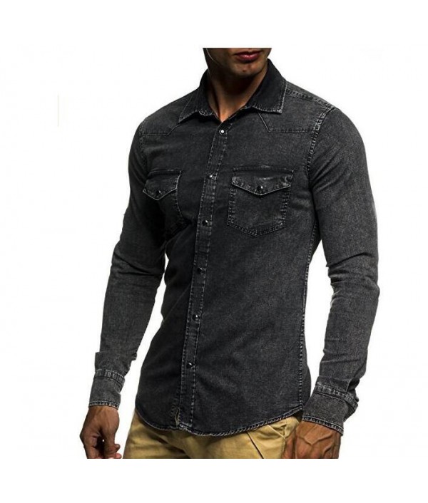 Male Long Sleeve Shirts Casual Solid Color Denim Slim Fit Dress Shirts