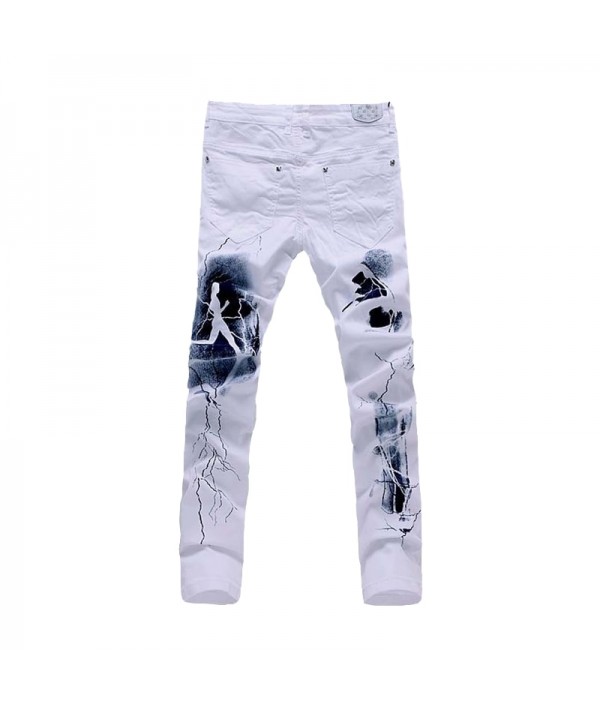 White 3D Printed Men Jeans Unique Lighting Man Biker Printing Cotton Skinny Jeans For Men Denim Pants