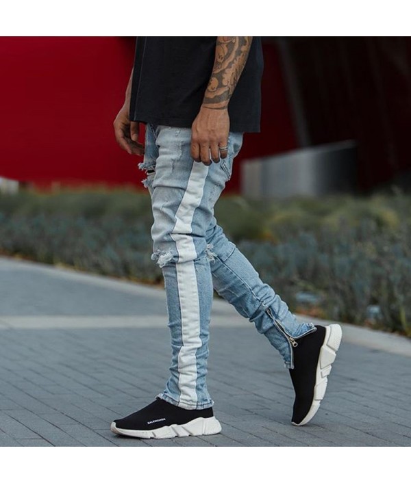 Knee Hole Side Zipper Slim Distressed Jeans Men  Ripped tore up Jeans For Men stripe pants