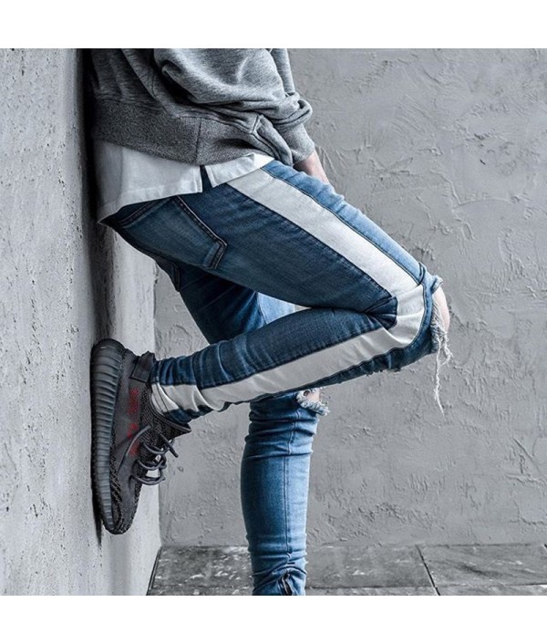 Knee Hole Side Zipper Slim Distressed Jeans Men  Ripped tore up Jeans For Men stripe pants