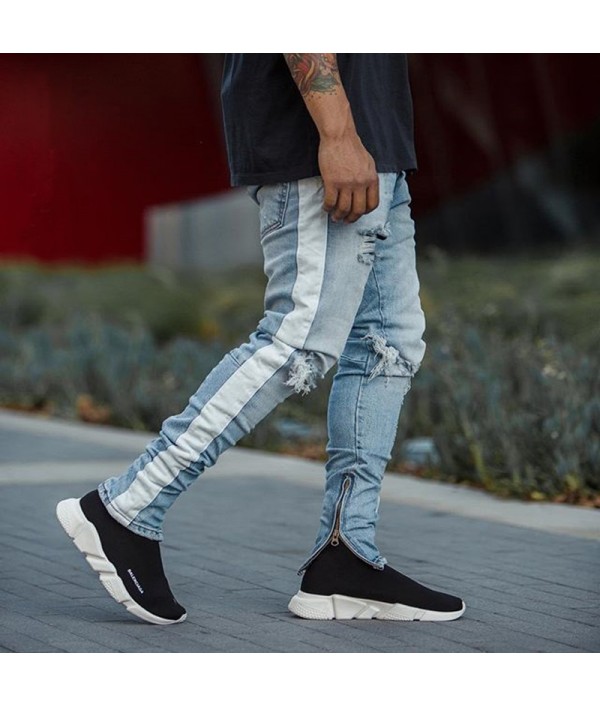 Knee Hole Side Zipper Slim Distressed Jeans Men  Ripped tore up Jeans For Men stripe pants