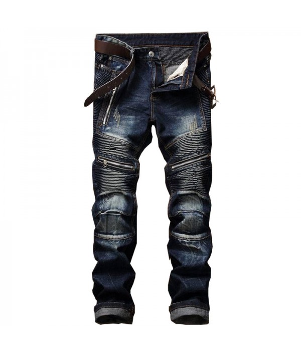 Men's Pleated Biker Jeans Pants Slim Fit...