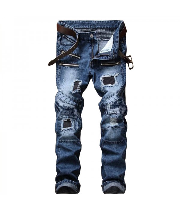 Men's Pleated Biker Jeans Pants Slim Fit Brand Designer Motocycle Denim Trousers For Male Straight Washed Multi Zipper