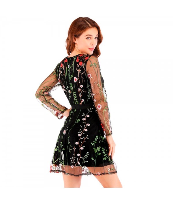 Sexy Women Floral Embroidery Dress Sheer Mesh Summer Boho Mini A-line Dress See-through Black Dress