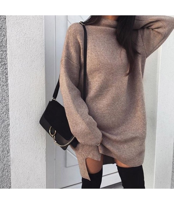  Autumn Winter Knitted Dress Women Turtleneck Long Sleeve Warm Sweater Dress Casual Solid Loose Mini Dresses