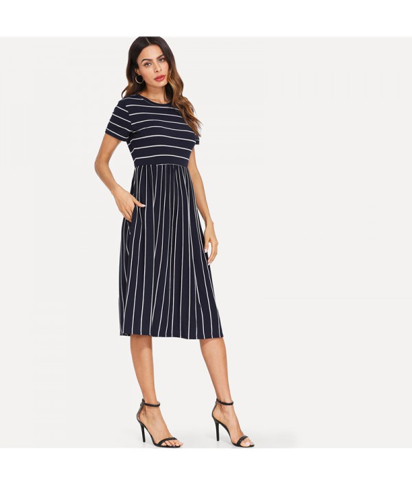 Navy Elegant Round Neck Short Sleeve Mixed Stripe Natural Waist Smock Dress Summer Women Weekend Casual Dresses 