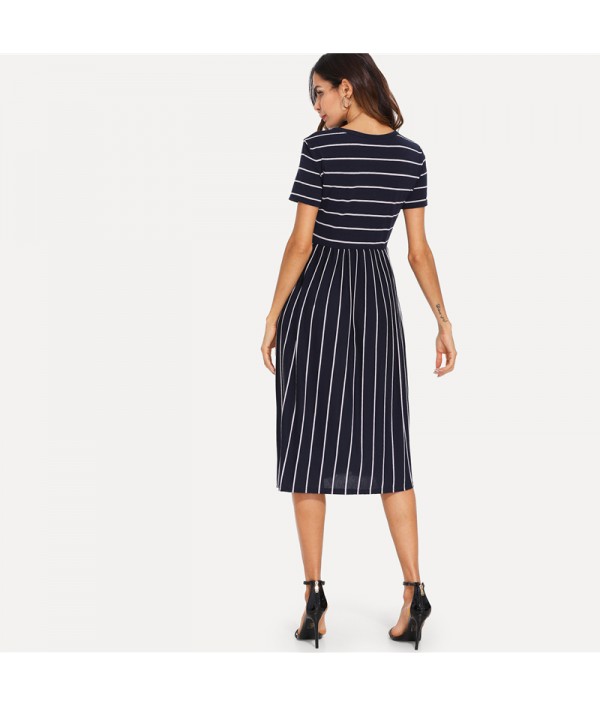 Navy Elegant Round Neck Short Sleeve Mixed Stripe Natural Waist Smock Dress Summer Women Weekend Casual Dresses 