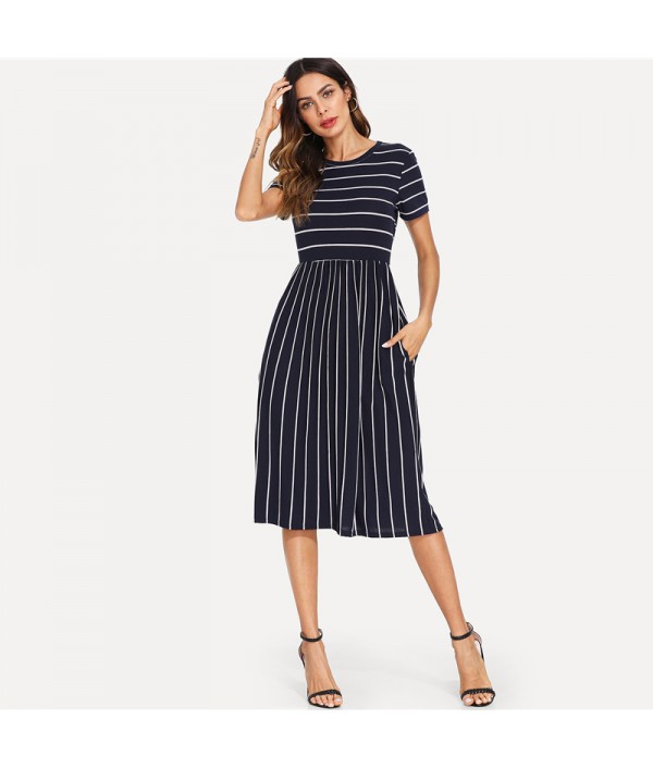 Navy Elegant Round Neck Short Sleeve Mixed Stripe Natural Waist Smock Dress Summer Women Weekend Casual Dresses 