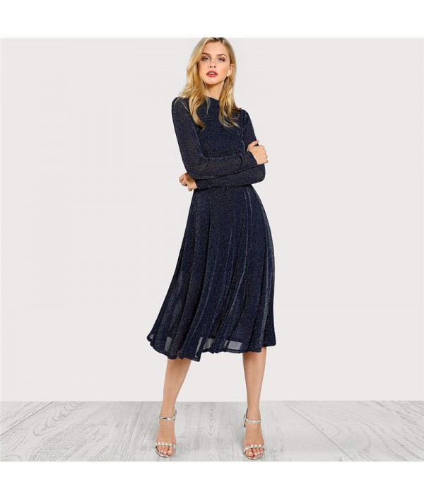 A Line Ladies Dresses Navy Long Sleeve Mock Neck Glitter Fit abd Flare Dress Stand Collar Elegant Party Dress