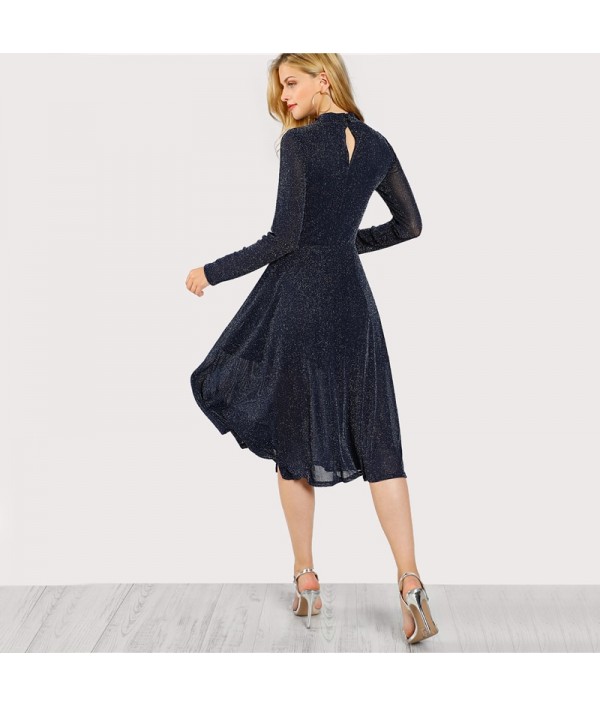 A Line Ladies Dresses Navy Long Sleeve Mock Neck Glitter Fit abd Flare Dress Stand Collar Elegant Party Dress