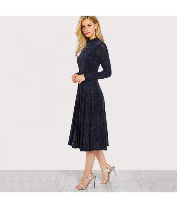 A Line Ladies Dresses Navy Long Sleeve Mock Neck Glitter Fit abd Flare Dress Stand Collar Elegant Party Dress