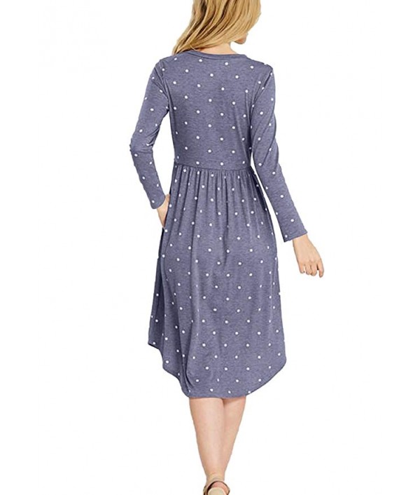 Women Long Sleeve Pleated Polka Dot Pocket Swing Casual Midi Dress