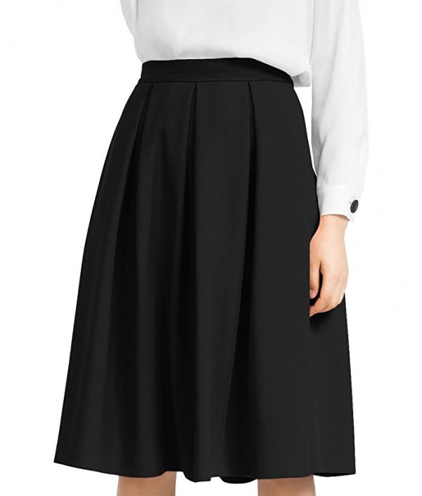 Women's High Waist Flared Skirt Pleated Midi Skirt with Pocket