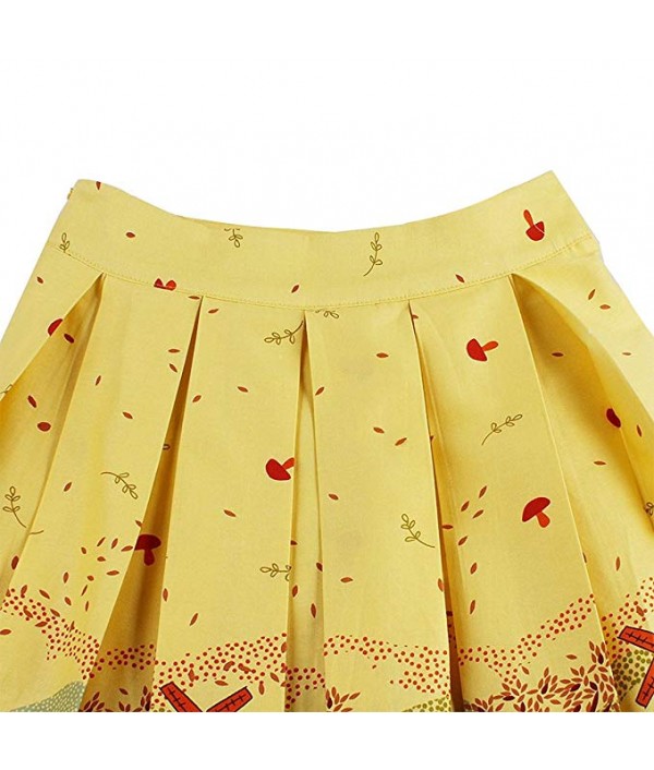 Women's Pleated Vintage Skirt Floral Print A-line Skirts with Pockets