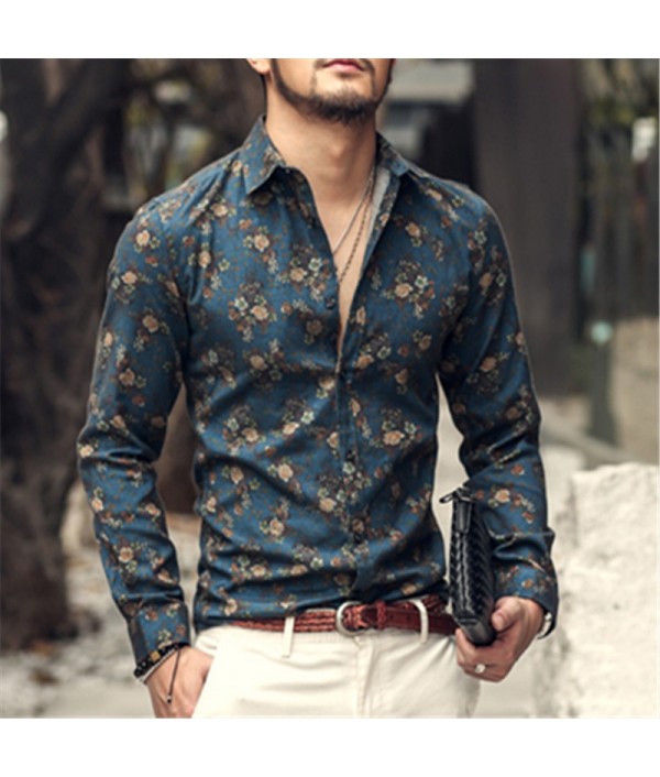 New Fashion Casual Men Shirt Long Sleeve Europe Style Slim Fit Shirt Men High Quality Cotton Floral Shirts Mens Clothes