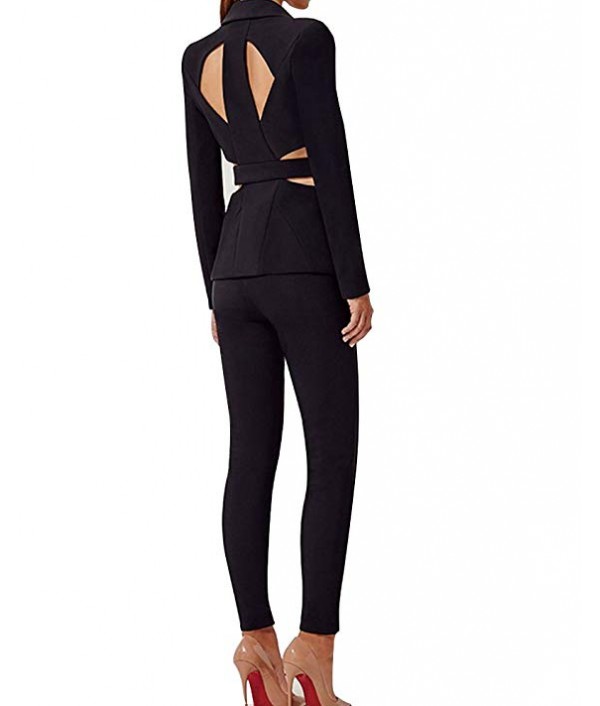 Women's Cut Out 2 Pieces Slim Fit Blazer Jacket Pants Suit Set